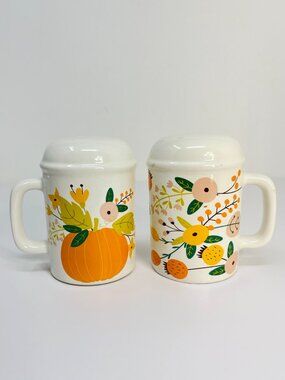 Vintage Ceramic Salt and Pepper Shakers w/ Handle Pumpkins Acorns Cottagecore